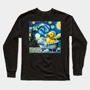 Starry Night Duck: Whimsical Bubble Bath Day Tee in Van Gogh Style Long Sleeve T-Shirt